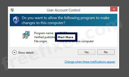 Screenshot where Mari Mara appears as the verified publisher in the UAC dialog